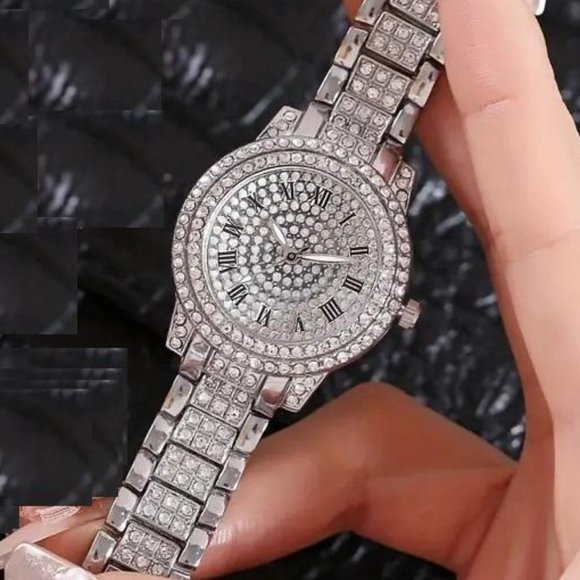 Iced Out Bling Ladies Silver Watch Sparkling Stones with Roman Numerals - Picture 1 of 2